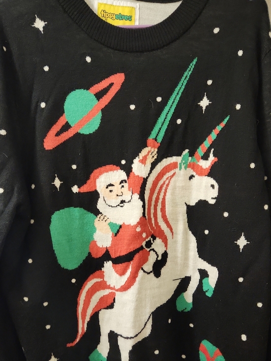 Tipsy Elves Sweaters - Tipsy Elves Black Holiday Sweater with Santa Riding Unicorn